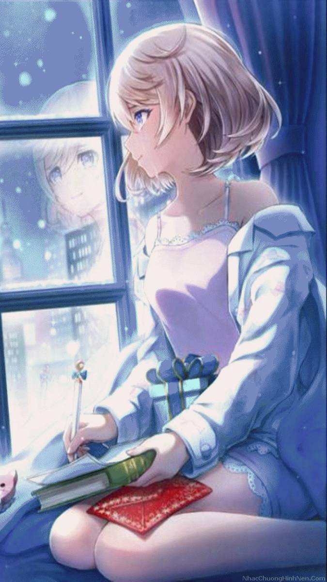 Anime cô gái mơ màng bên cửa sổ đêm tuyết, chất lượng HD, 1080x1920. Hình nền đẹp, lãng mạn, phù hợp cho desktop.