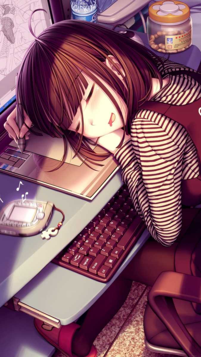Hình nền anime cô gái ngủ trên bàn làm việc, chất lượng HD, 1080x1920, tạo cảm giác yên bình và thư giãn.