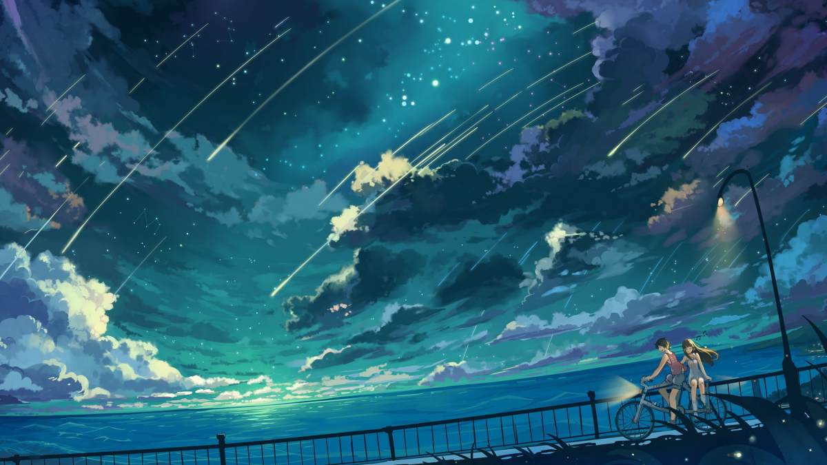 Hình nền anime đêm mưa sao băng trên biển, 1080x1920, chất lượng HD, phong cảnh lãng mạn và huyền ảo.