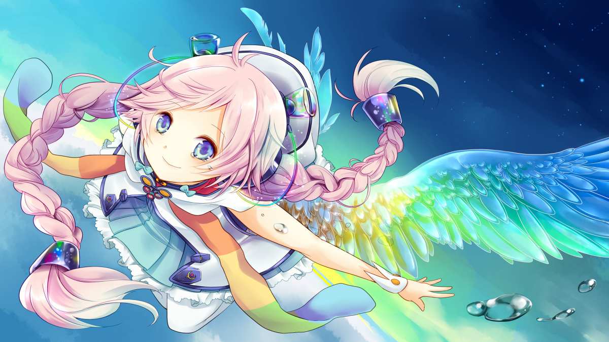 Anime girl with colorful wings in flight, vibrant colors, HD quality, 1080x1920 resolution, fantasy theme.