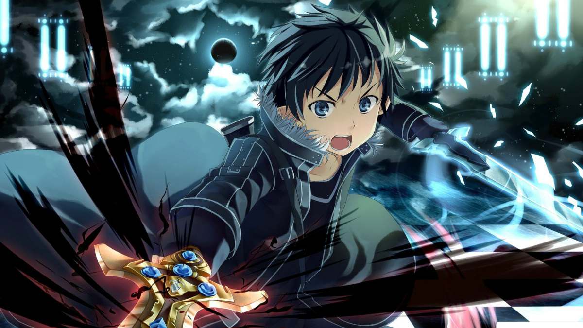 Hình nền anime năng động với nhân vật cầm kiếm, chất lượng HD, độ phân giải 675x1200, bầu trời đầy sao.