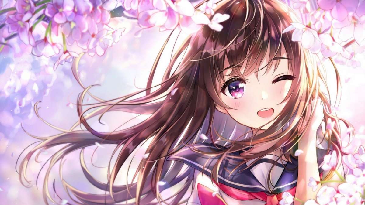 Anime girl amidst cherry blossoms, vibrant colors, HD, 1080x1920, perfect for spring-themed backgrounds.