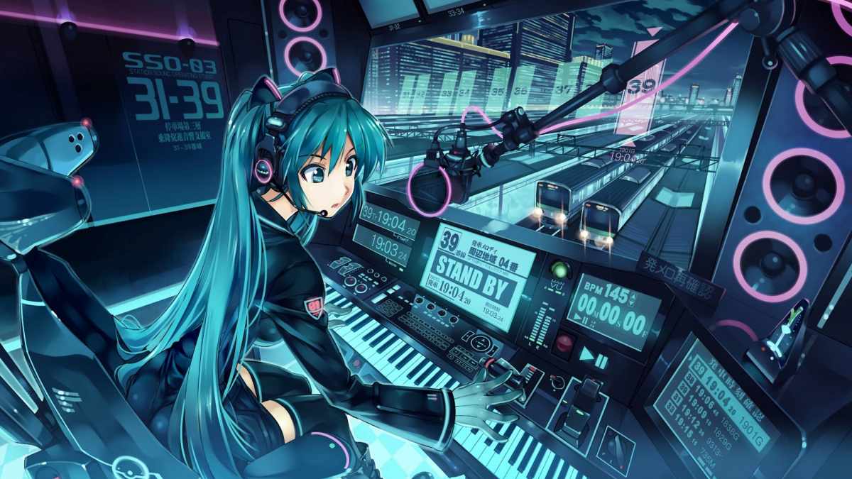 Anime DJ điều khiển nhạc trong phòng thu hiện đại, nền thành phố ban đêm, hình nền 4K 675x1200, nghệ thuật số sống động.