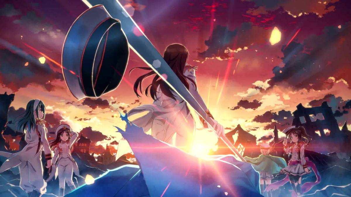 Hình nền anime phong cảnh hoàng hôn rực rỡ, độ phân giải 1080x1920, chất lượng 4K, tạo cảm giác phiêu lưu kỳ thú.