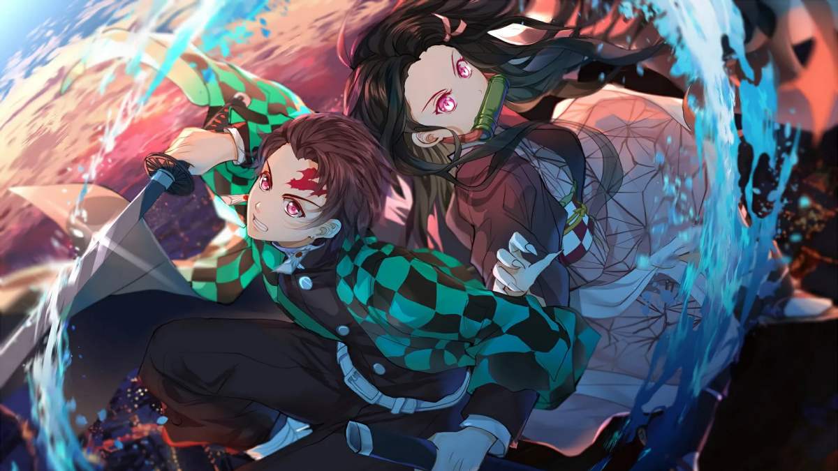 Hình nền anime hành động hấp dẫn, độ phân giải 1080x1920, chất lượng HD, nhân vật sử dụng kiếm giữa dòng nước.