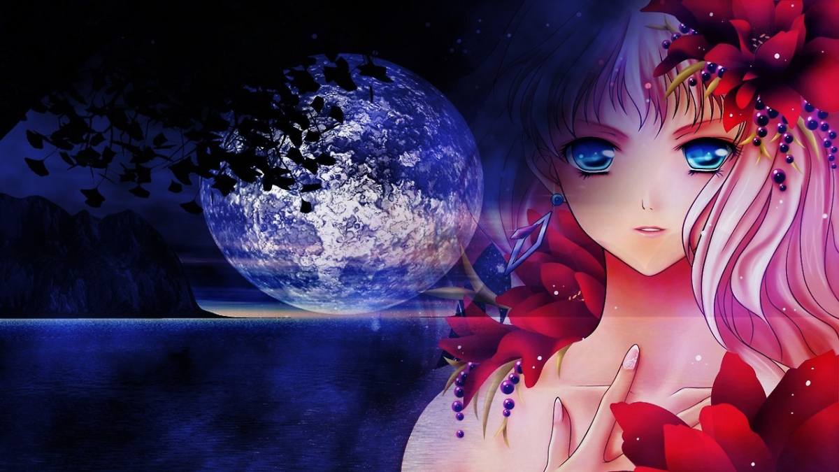 Anime cô gái với hoa đỏ và mặt trăng, nền ảo diệu, độ phân giải 1080x1920, chất lượng HD, hình nền đẹp.
