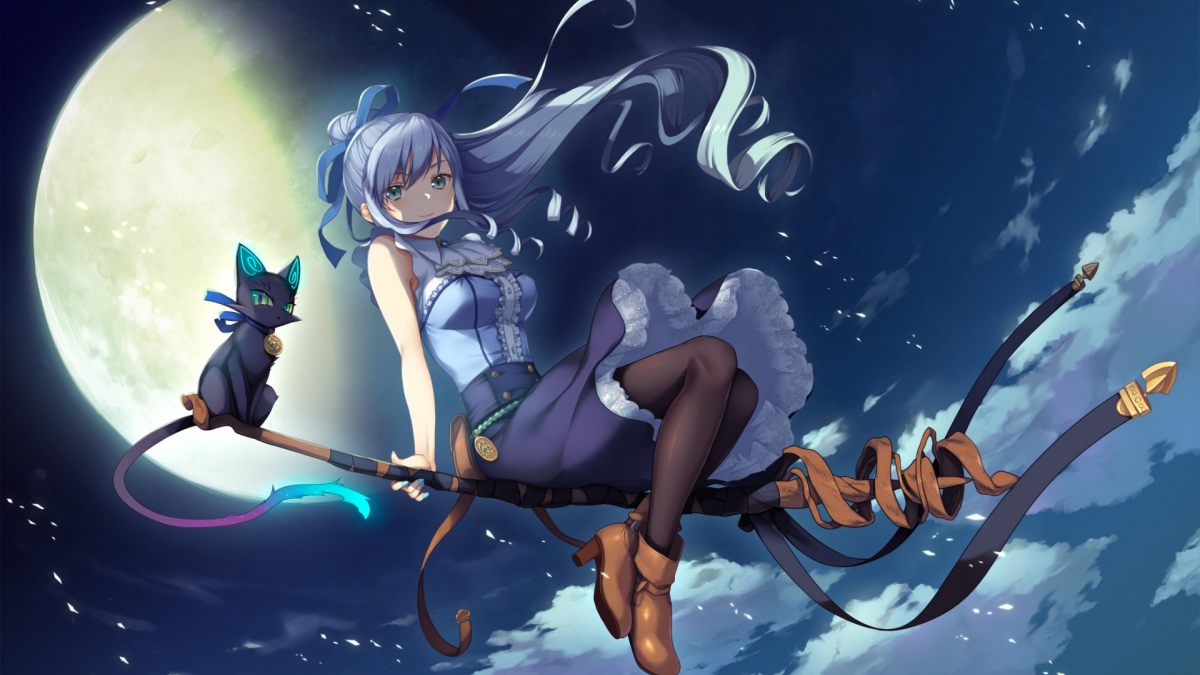 Hình nền anime cô gái cưỡi chổi bên trăng, mèo đen, 1080x1920, HD, nghệ thuật huyền bí, đêm sao.