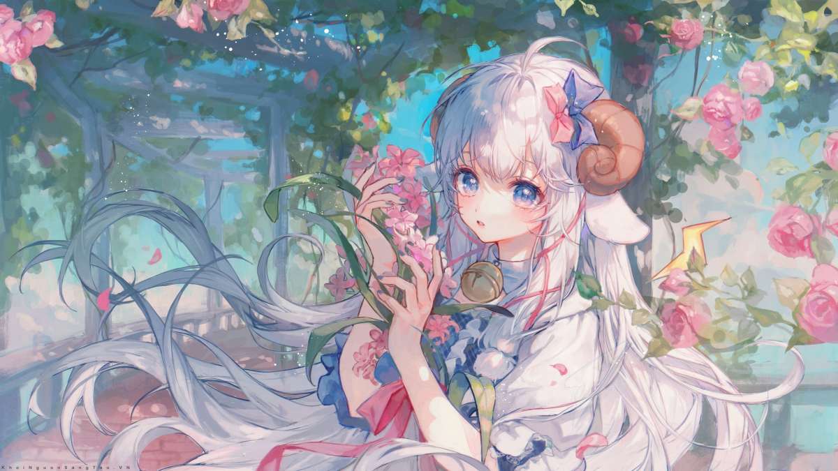 Hình nền anime cô gái tóc dài với hoa hồng, độ phân giải 1080x1920, chất lượng HD, phong cách nghệ thuật cuốn hút.