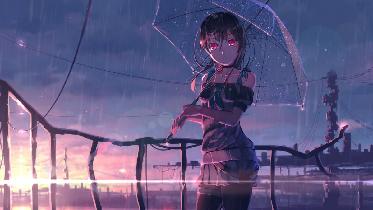 Anime girl với ô trong mưa, nền hoàng hôn tuyệt đẹp, độ phân giải 1080x1920, chất lượng HD.