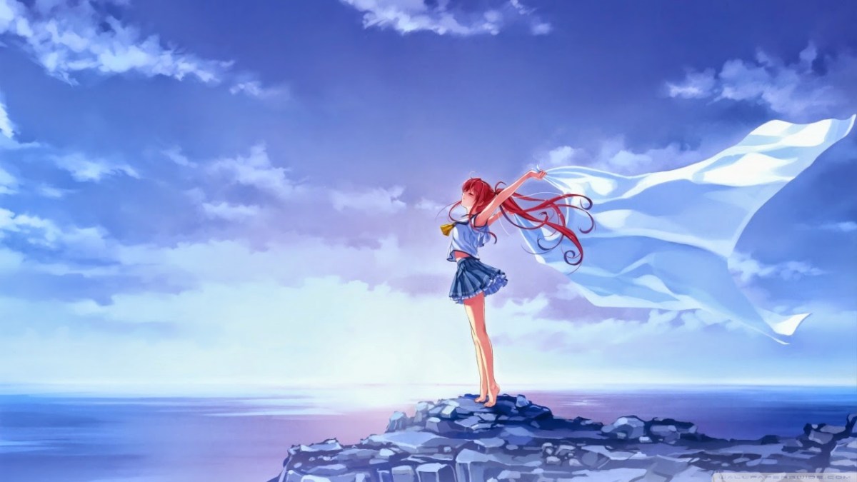 Hình nền anime cô gái đứng trên mỏm đá trước biển, bầu trời xanh, độ phân giải 1080x1920, chất lượng HD.