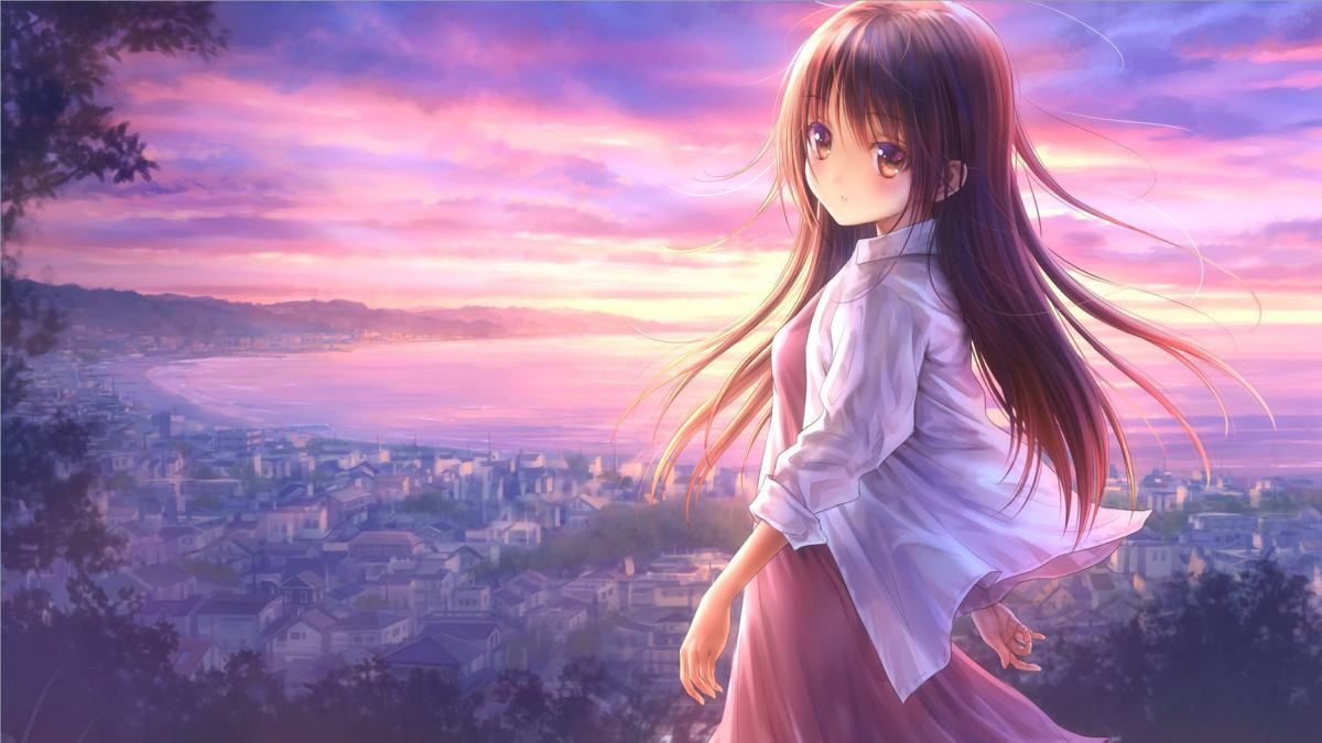 Hình nền anime cô gái nhìn biển lúc hoàng hôn, 1080x1920, chất lượng HD, phong cảnh đẹp và yên bình.