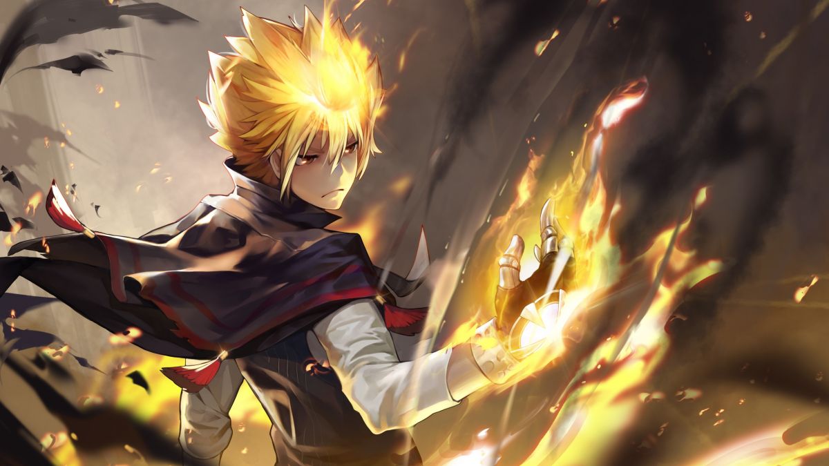 Nhân vật anime với mái tóc vàng rực điều khiển lửa, hình nền HD 1080x1920, đậm chất hành động và huyền bí.