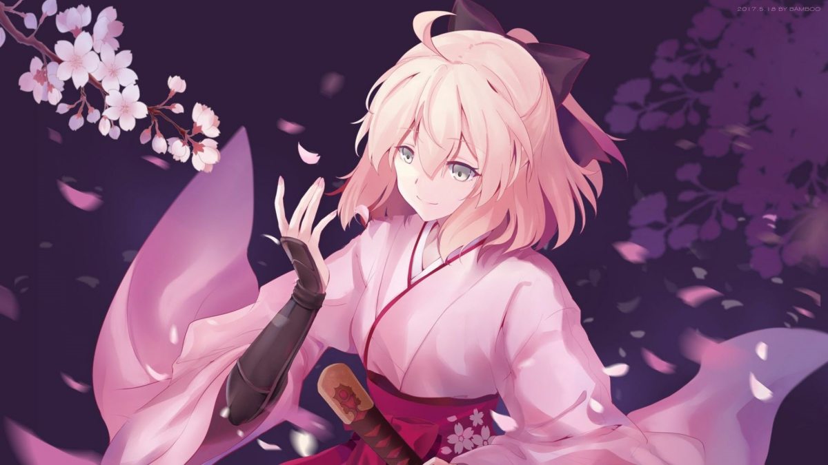 Hình nền anime cô gái trong trang phục truyền thống, hoa anh đào rơi, 675x1200, HD, phong cách nghệ thuật cuốn hút.