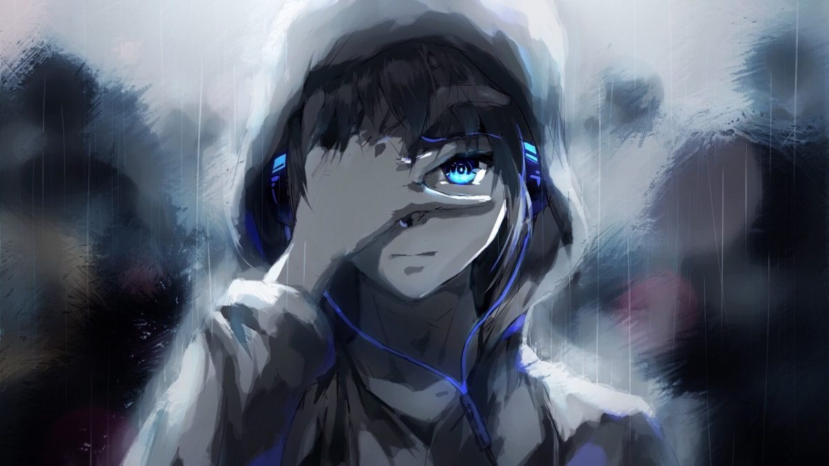Ảnh nền anime nghệ thuật, nhân vật dưới mưa, tai nghe xanh, chất lượng HD, kích thước 1080x1920.
