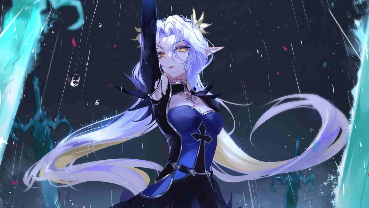Hình nền anime huyền bí với nhân vật tóc trắng trong mưa, chất lượng HD, độ phân giải 1080x1920.