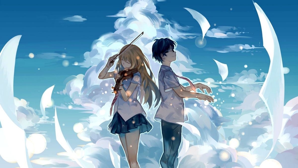 Hình nền anime lãng mạn với cặp đôi chơi nhạc cụ, bầu trời mây, 1080x1920 HD, tạo cảm giác mơ mộng.