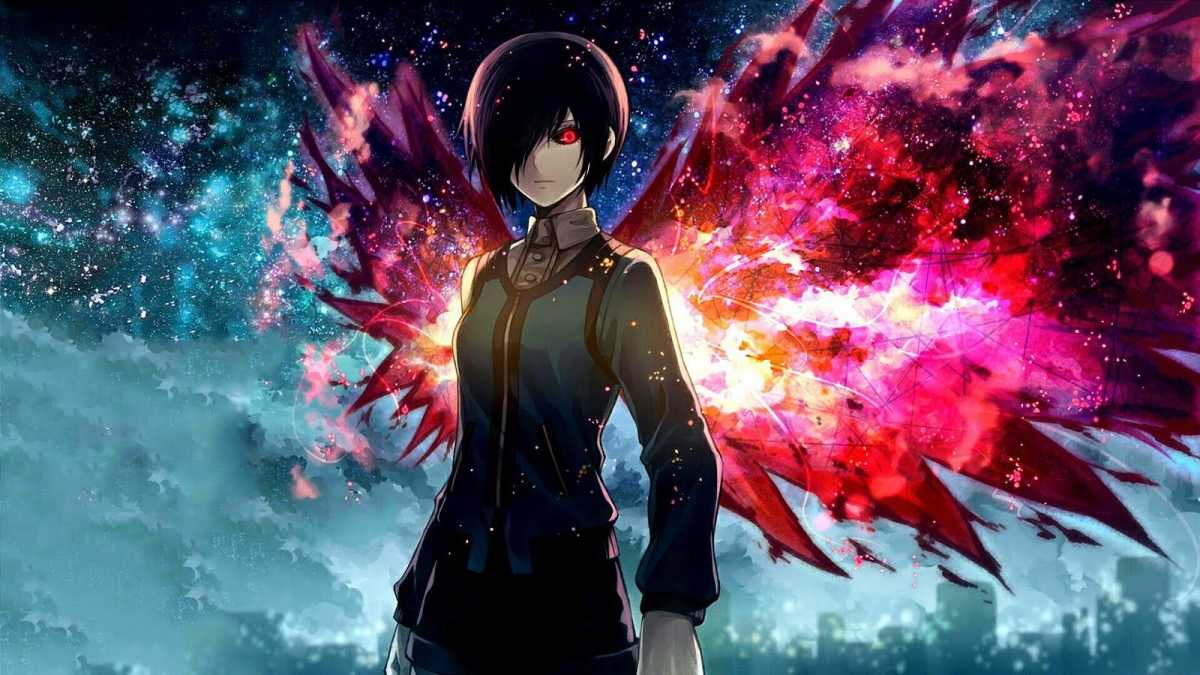 Anime nhân vật với đôi cánh rực rỡ, nền vũ trụ, độ phân giải 1080x1920, chất lượng HD, hình nền ấn tượng.