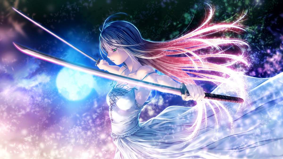 Nữ chiến binh anime cầm kiếm dưới ánh trăng, nền sáng tạo. Hình nền HD 1080x1920, phong cách nghệ thuật nổi bật.