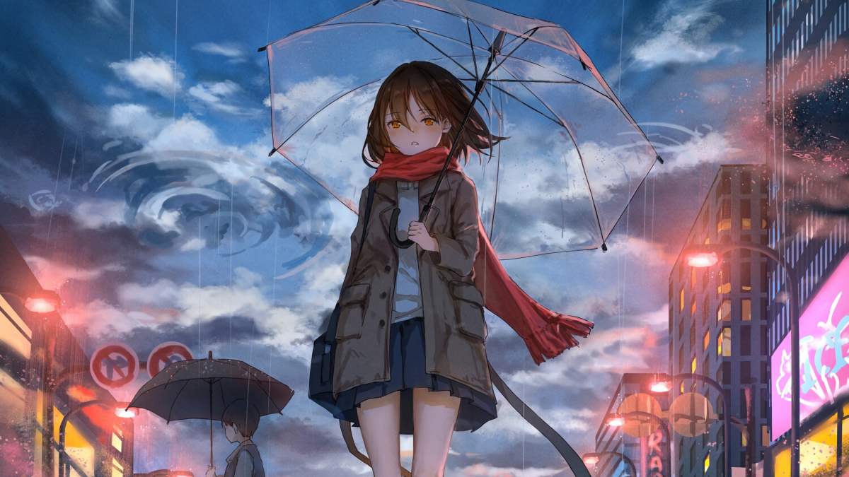 Hình nền anime cô gái dưới ô trong thành phố mưa, chất lượng HD, độ phân giải 1080x1920, cảnh đêm lãng mạn.