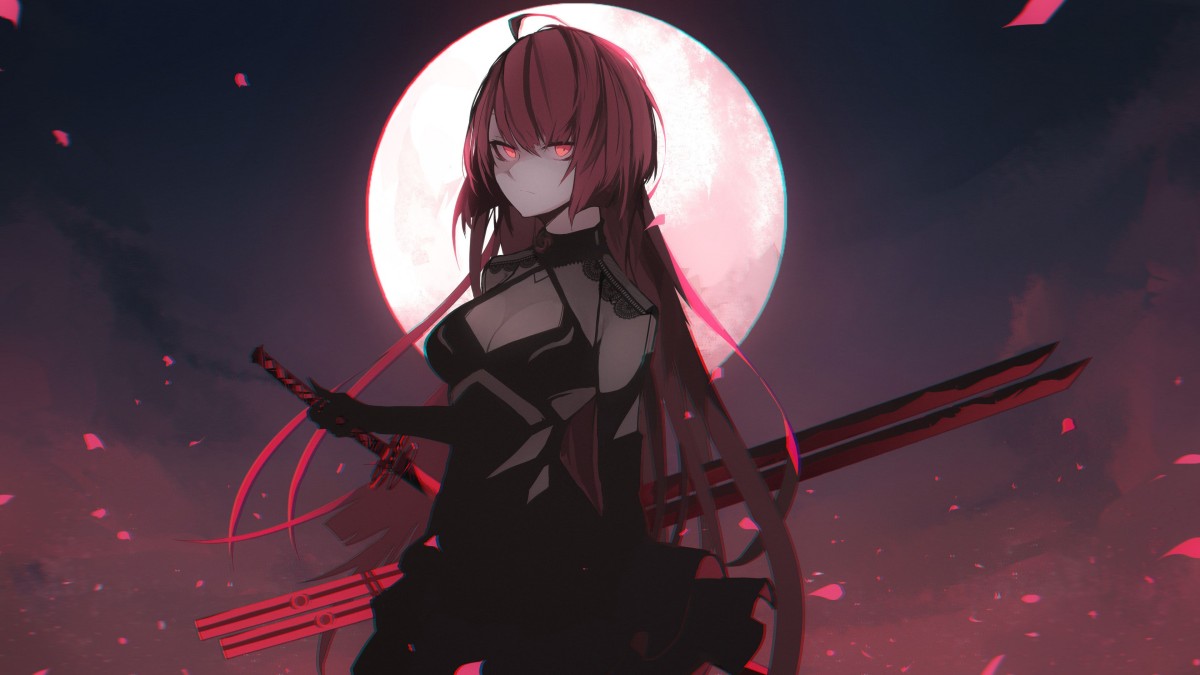 Anime girl with sword under full moon, pink petals in night sky, HD quality, 675x1200 resolution.