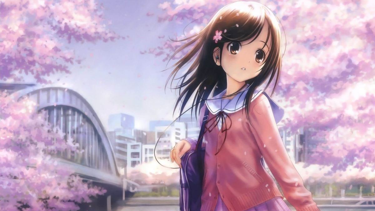Hình nền anime thiếu nữ dưới tán hoa anh đào, độ phân giải 1080x1920, chất lượng HD, phong cảnh thành phố lãng mạn.