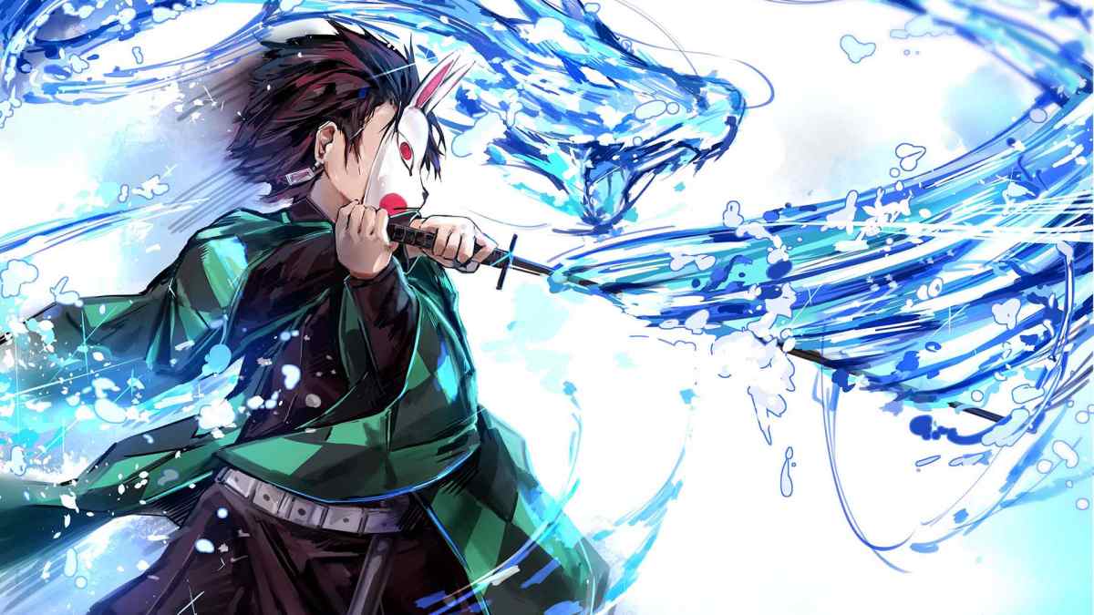 Anime nhân vật đeo mặt nạ với kỹ năng kiếm thuật và dòng nước xanh, nền 1080x1920 HD, hình nền sống động.