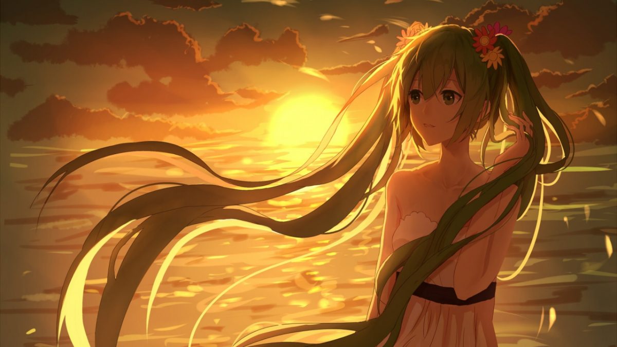 Anime girl with long hair at sunset by the sea, vibrant colors, HD wallpaper, 675x1200 resolution.