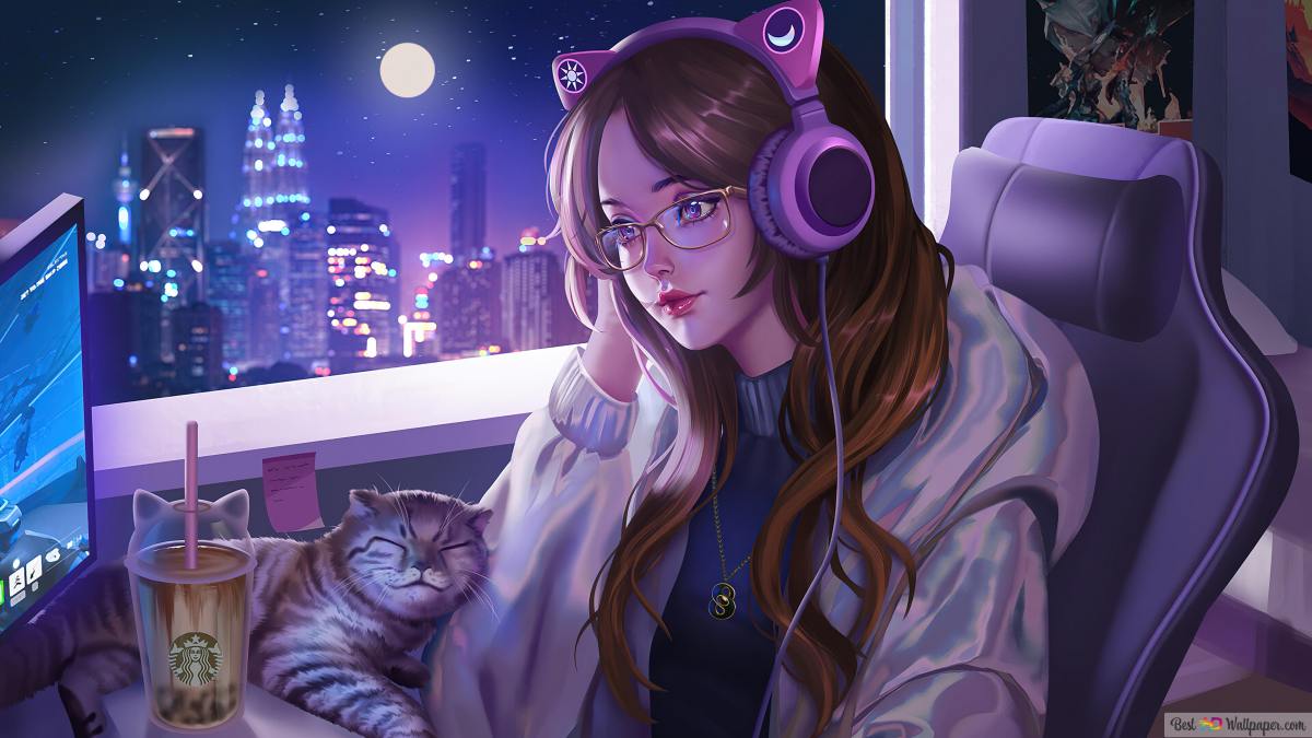 Hình nền anime cô gái đeo tai nghe mèo, ngồi trước máy tính cạnh cửa sổ, thành phố đêm, 1080x1920, HD.