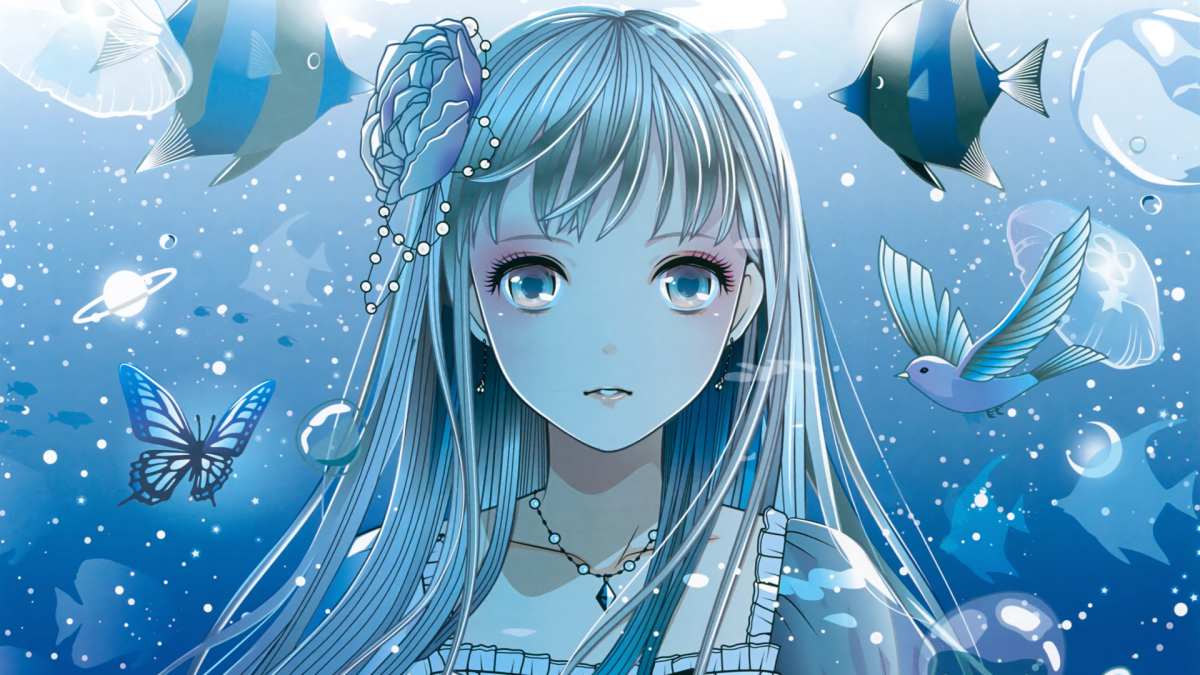 Hình nền anime cô gái dưới nước với cá, bướm và chim, màu xanh biển, độ phân giải 1080x1920, 4K.