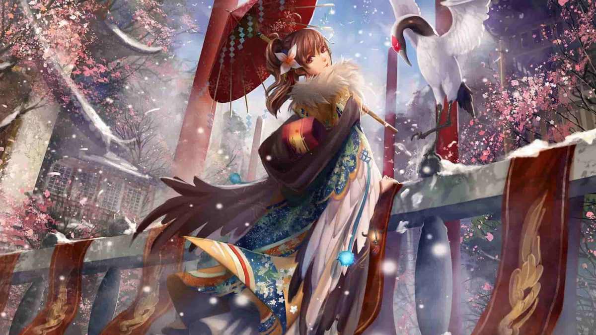 Hình nền anime cô gái kimono và sếu trong khung cảnh tuyết rơi, hoa anh đào, chất lượng HD, độ phân giải 1080x1920.