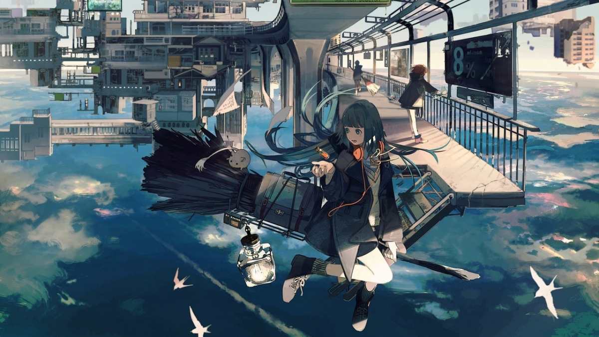 Ảnh anime cô gái cưỡi chổi bay trên bầu trời thành phố, độ phân giải 1080x1920, chất lượng HD, phong cách kỳ ảo.