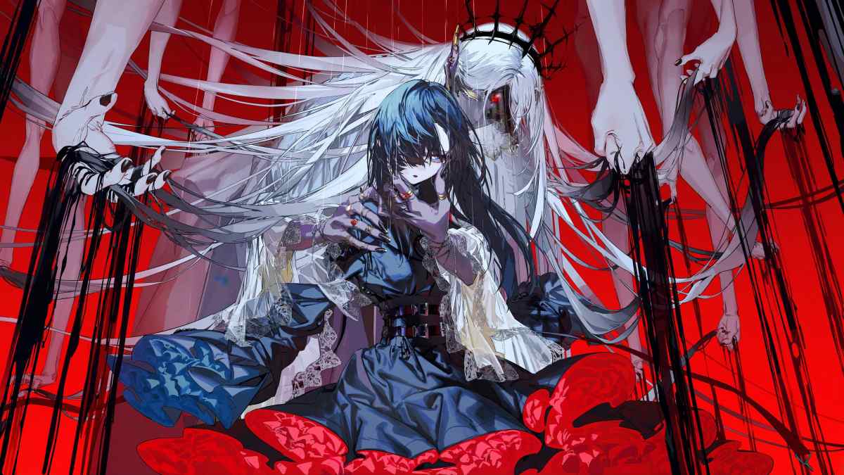 Anime huyền bí với nhân vật tóc trắng và đen trên nền đỏ, chất lượng HD, độ phân giải 675x1200.