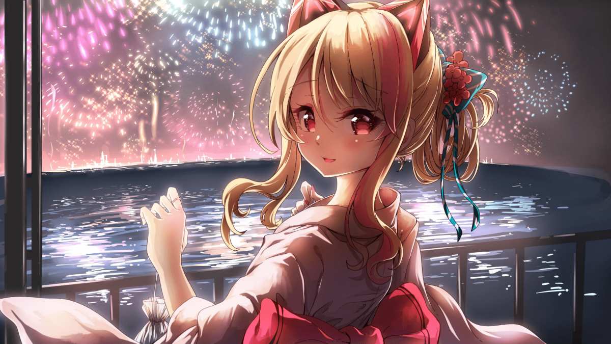 Hình nền anime pháo hoa rực rỡ bên hồ, cô gái tóc vàng đáng yêu, chất lượng HD, 1080x1920.
