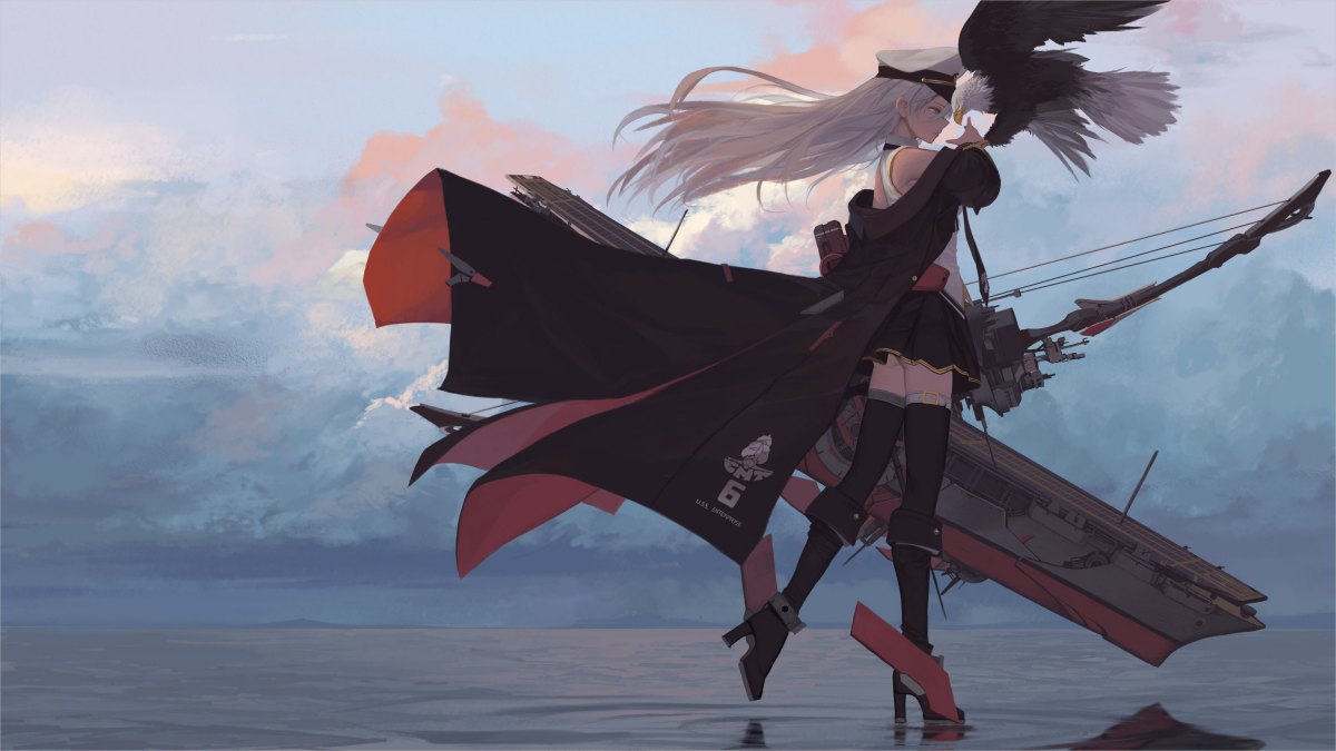 Anime cô gái với chim đại bàng trên biển, phong cách nghệ thuật đẹp mắt, hình nền HD 1080x1920.
