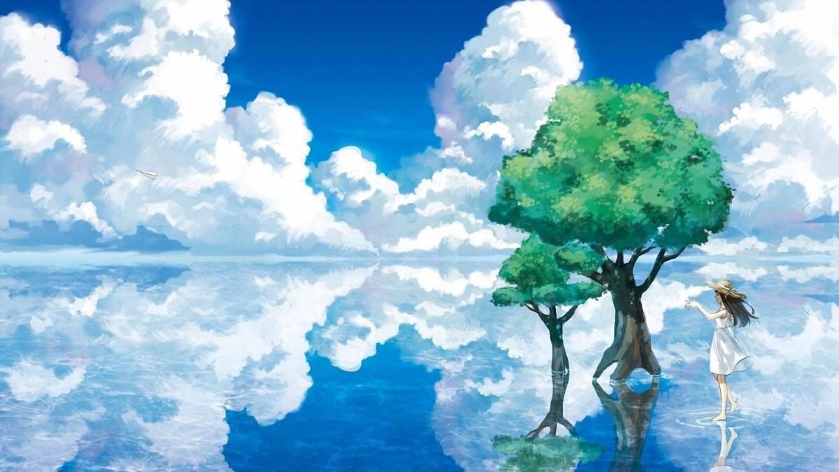 Hình nền anime phong cảnh mây trời phản chiếu trên mặt nước, độ phân giải 1080x1920, chất lượng HD.