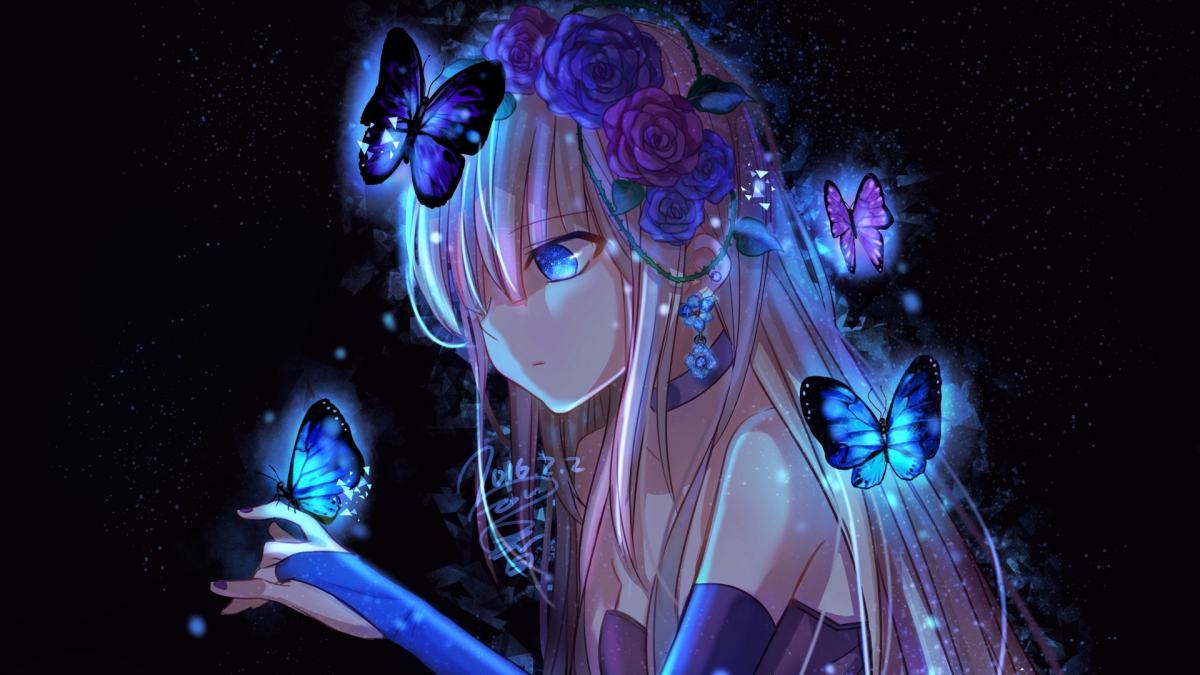 Hình nền anime cô gái và bướm xanh huyền ảo, độ phân giải 675x1200, chất lượng HD.
