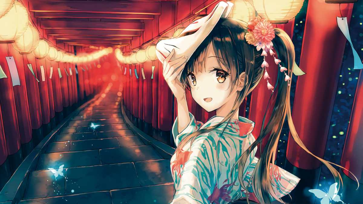 Anime cô gái mặc yukata giữa hành lang đèn lồng, hình nền HD 1080x1920, phong cách nghệ thuật Nhật Bản thu hút.