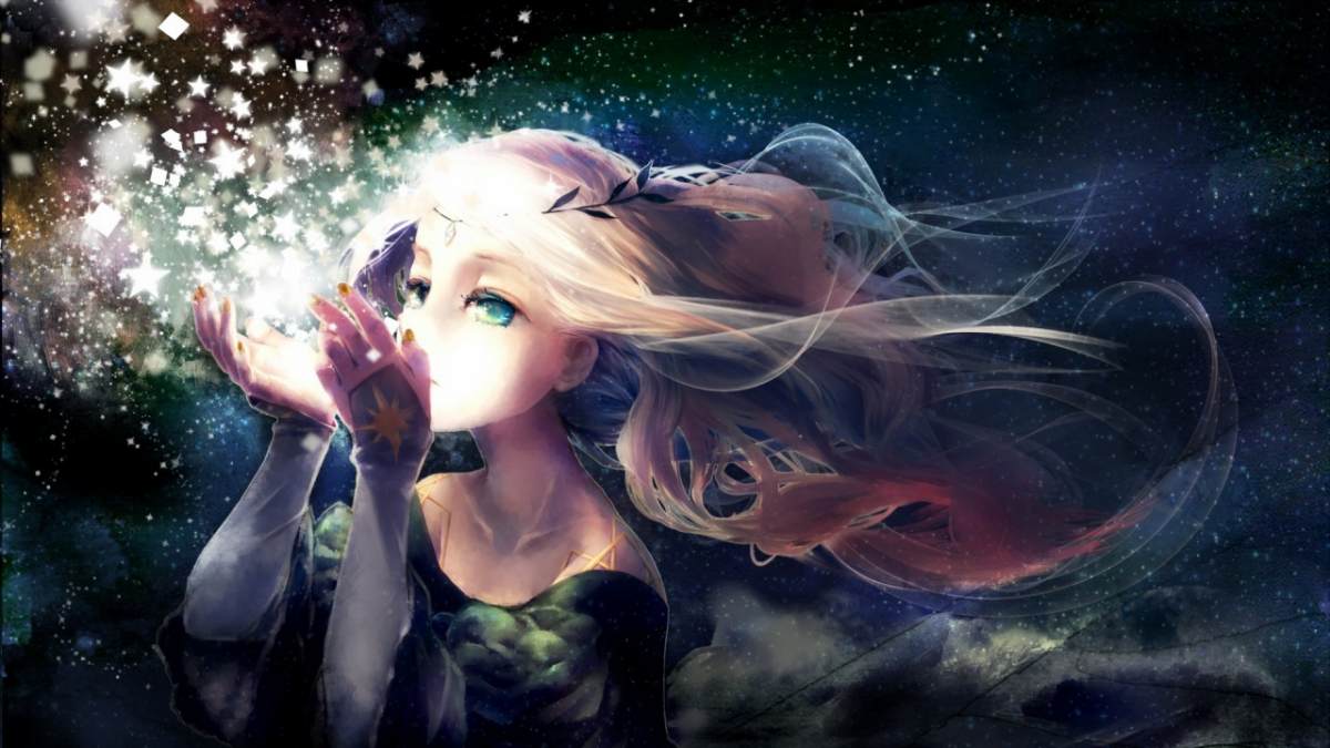 Hình nền nghệ thuật cô gái anime thổi bụi sao trong vũ trụ, độ phân giải 1080x1920, chất lượng HD.
