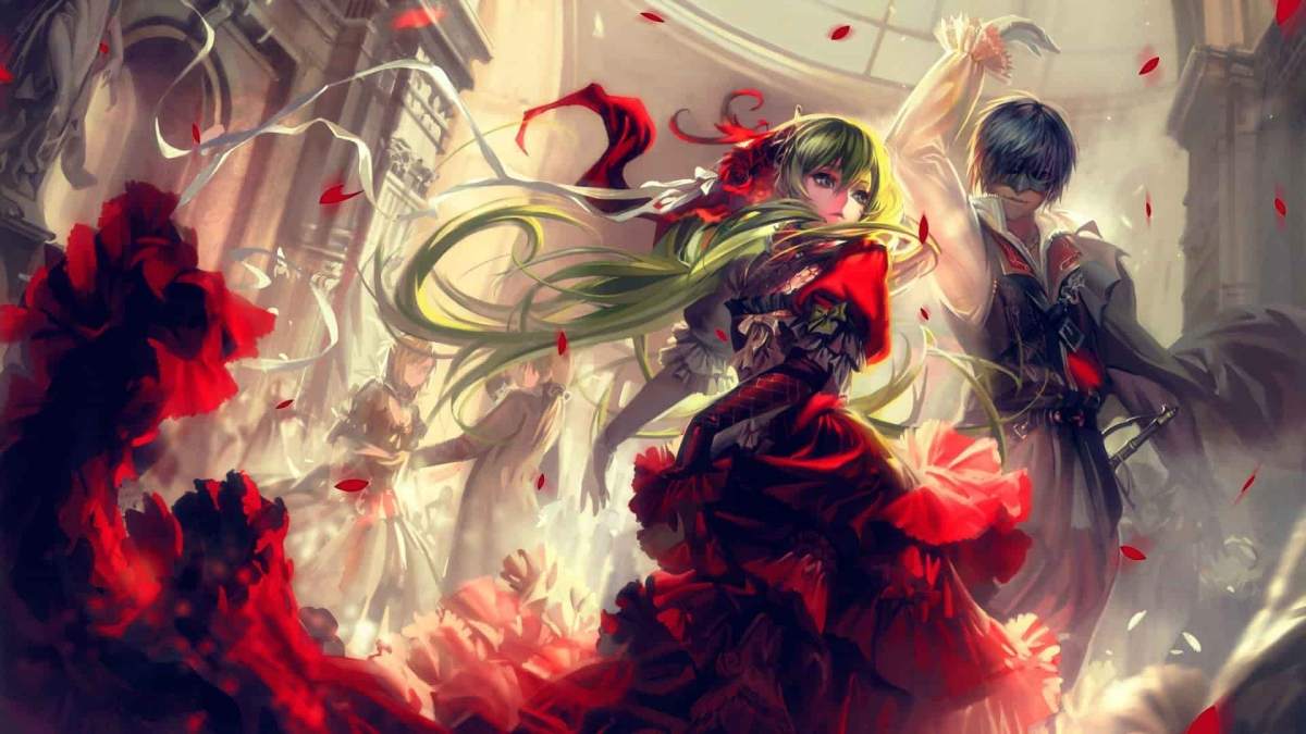 Ảnh nền anime khiêu vũ lãng mạn trong cung điện, chất lượng HD, độ phân giải 675x1200, tạo cảm giác huyền ảo.