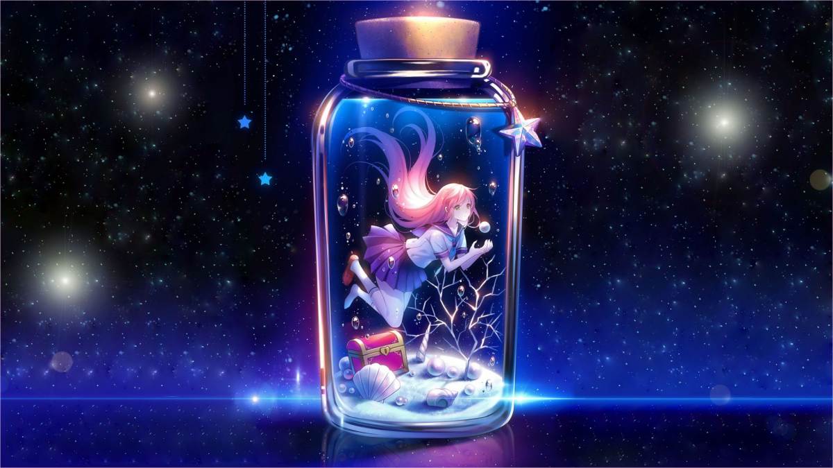 Hình nền anime cô gái trong chai dưới bầu trời sao, độ phân giải 1080x1920, chất lượng HD, không gian huyền ảo.