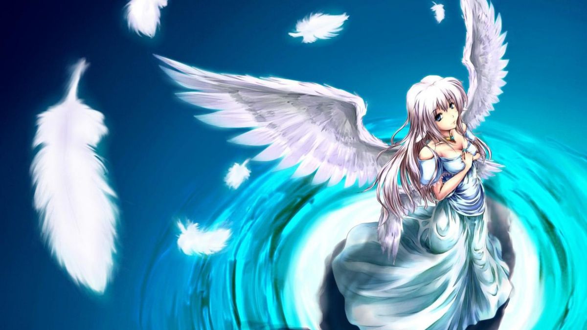 Thiên thần anime bay giữa lông vũ trắng, hình nền HD 1080x1920, nghệ thuật sống động và huyền ảo.
