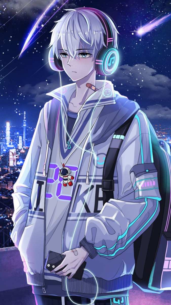Hình nền anime đêm sao, nhân vật trẻ đeo tai nghe nổi bật, chất lượng HD, 1080x1920, phong cách thời trang tương lai.