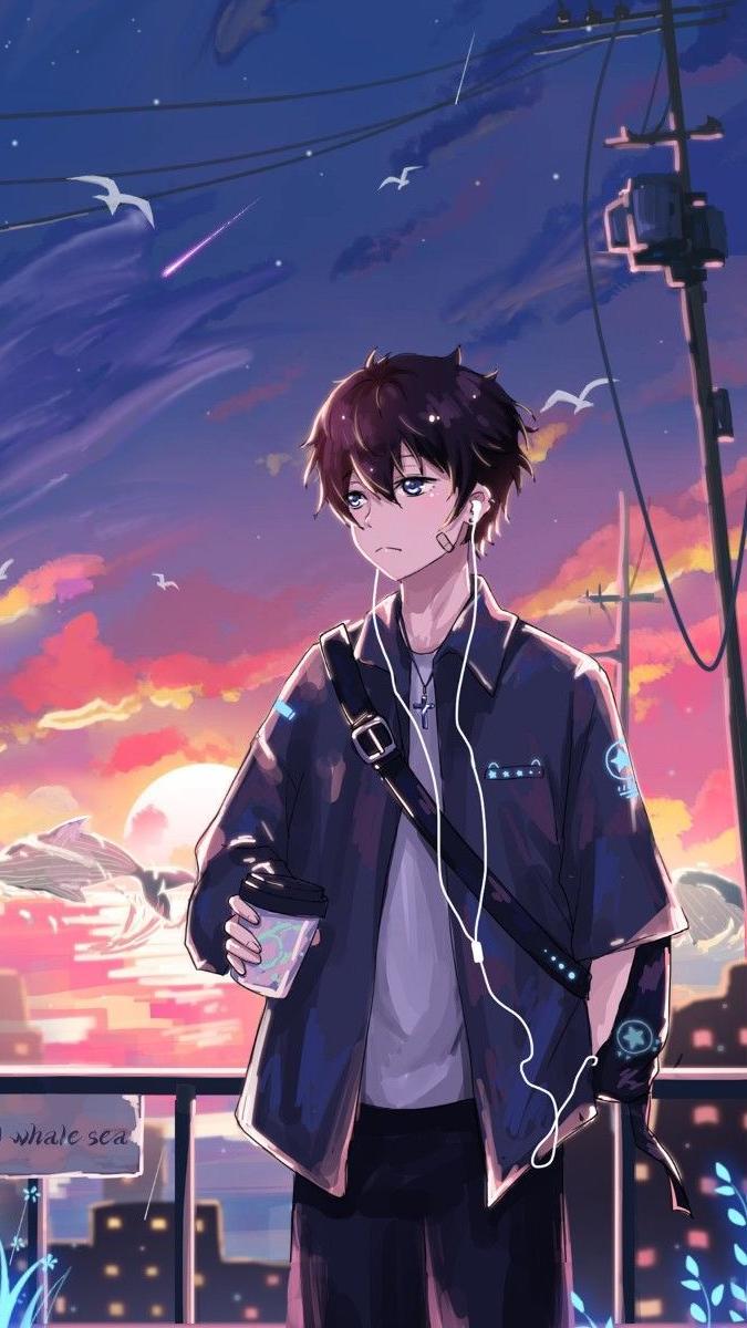 Hình nền anime phong cách hoàng hôn, thiếu niên nghe nhạc, 1080x1920, chất lượng HD, cảnh đẹp lãng mạn.