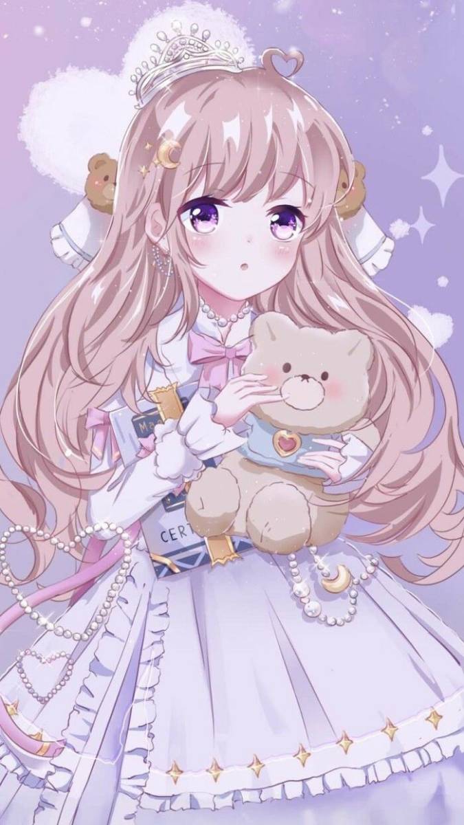 Hình nền anime dễ thương, cô gái ôm thú bông, phong cách pastel, 1080x1920, chất lượng HD, chủ đề tình bạn.