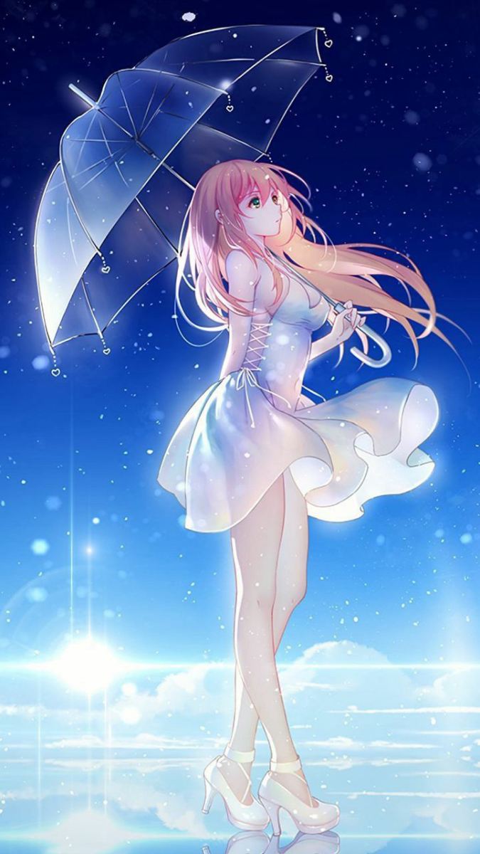 Hình nền anime thiếu nữ cầm ô trong mưa, 1080x1920, chất lượng HD, phong cách lãng mạn và huyền ảo.