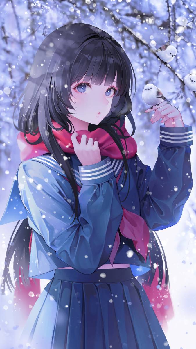 Anime girl in winter landscape with snow, HD quality, 1080x1920 resolution, magical and serene background.