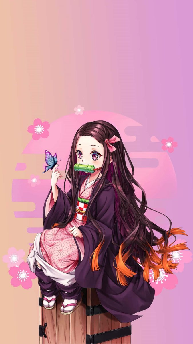 Hình nền anime cô gái với bướm xanh, nền hoa anh đào, 1080x1920, chất lượng HD, phong cách dễ thương.