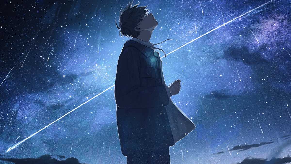 Hình nền anime đêm đầy sao, nhân vật nhìn lên trời, độ phân giải 1080x1920, chất lượng HD, phong cảnh thiên văn.