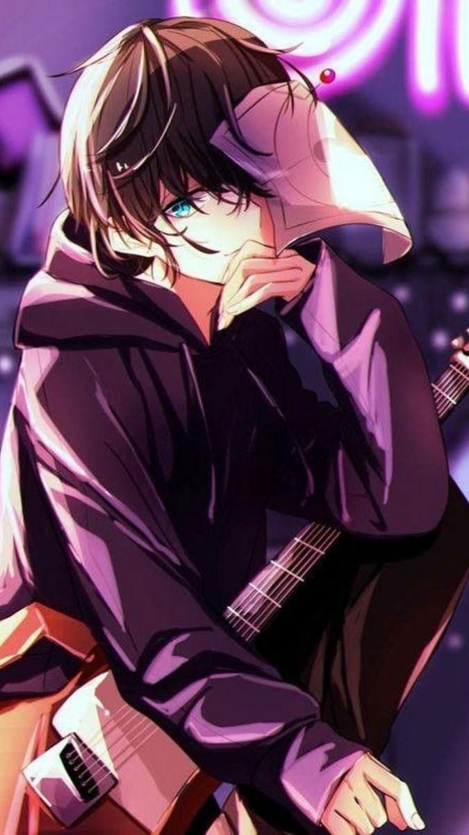 Hình nền anime chàng trai tóc đen với đàn guitar, phong cách nghệ thuật ấn tượng, 1080x1920 HD.