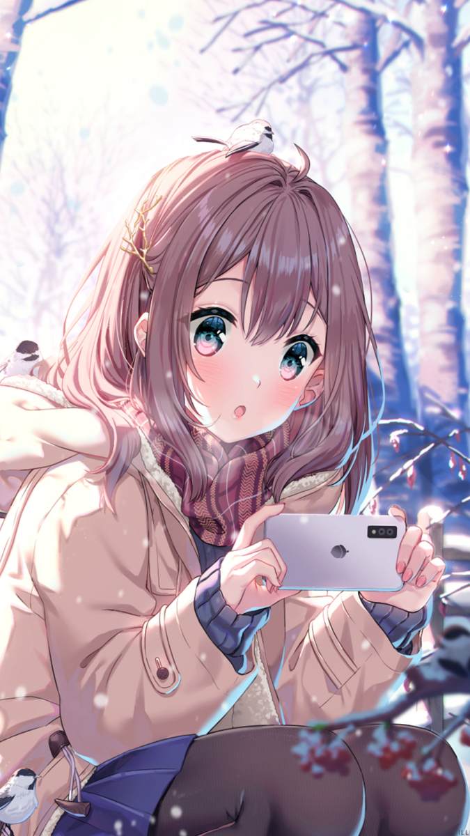 Hình nền anime cô gái cầm điện thoại giữa rừng tuyết, chất lượng HD, 1200x675, phong cảnh mùa đông.